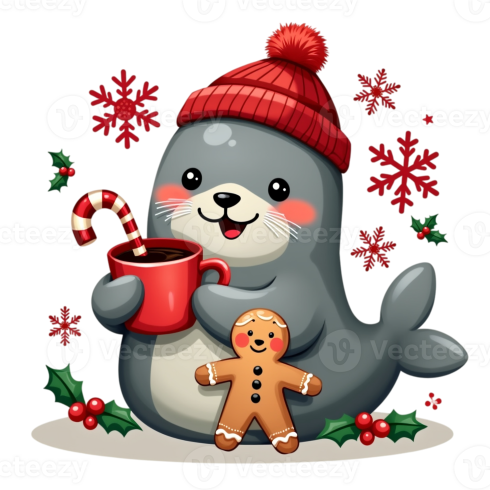 A seal holding a mug of hot chocolate and a gingerbread man png