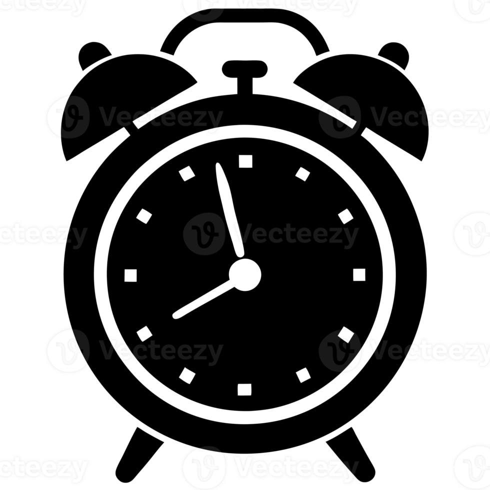 An alarm clock is shown in black and white png