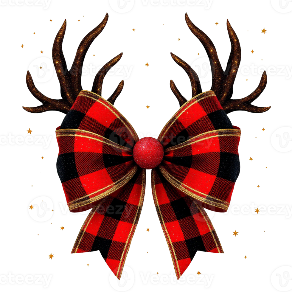 A festive bow with red and black checkered patterns is adorned with and reindeer antlers. png