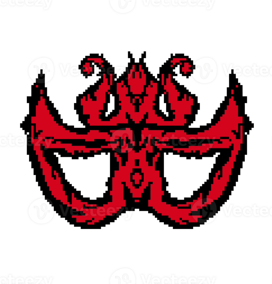 A red and black pixelated logo with a skull on it png