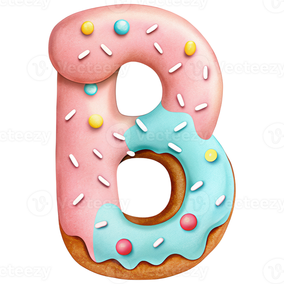 Letter B Donut Alphabet and Number with Sprinkles and Icing Design png