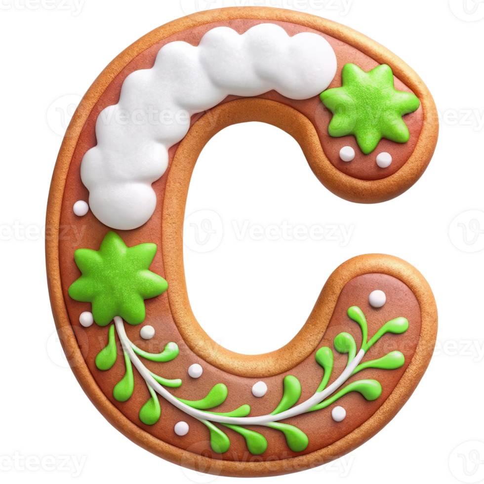Delightful gingerbread letter C decorated with white icing, green leaves, and festive details, perfect for holiday celebrations and baking activities png