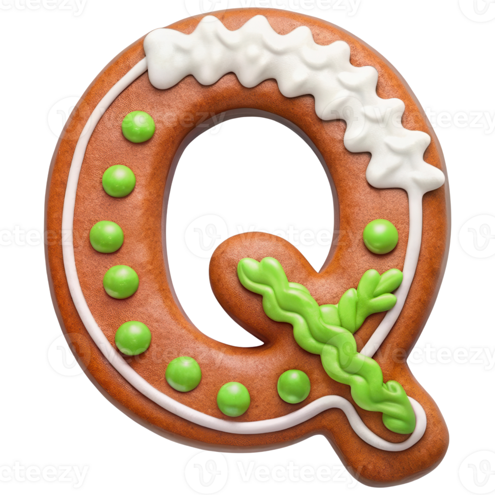 Gingerbread cookie shaped like letter Q, decorated with white icing, green dots, and green icing design, perfect for festive occasions png