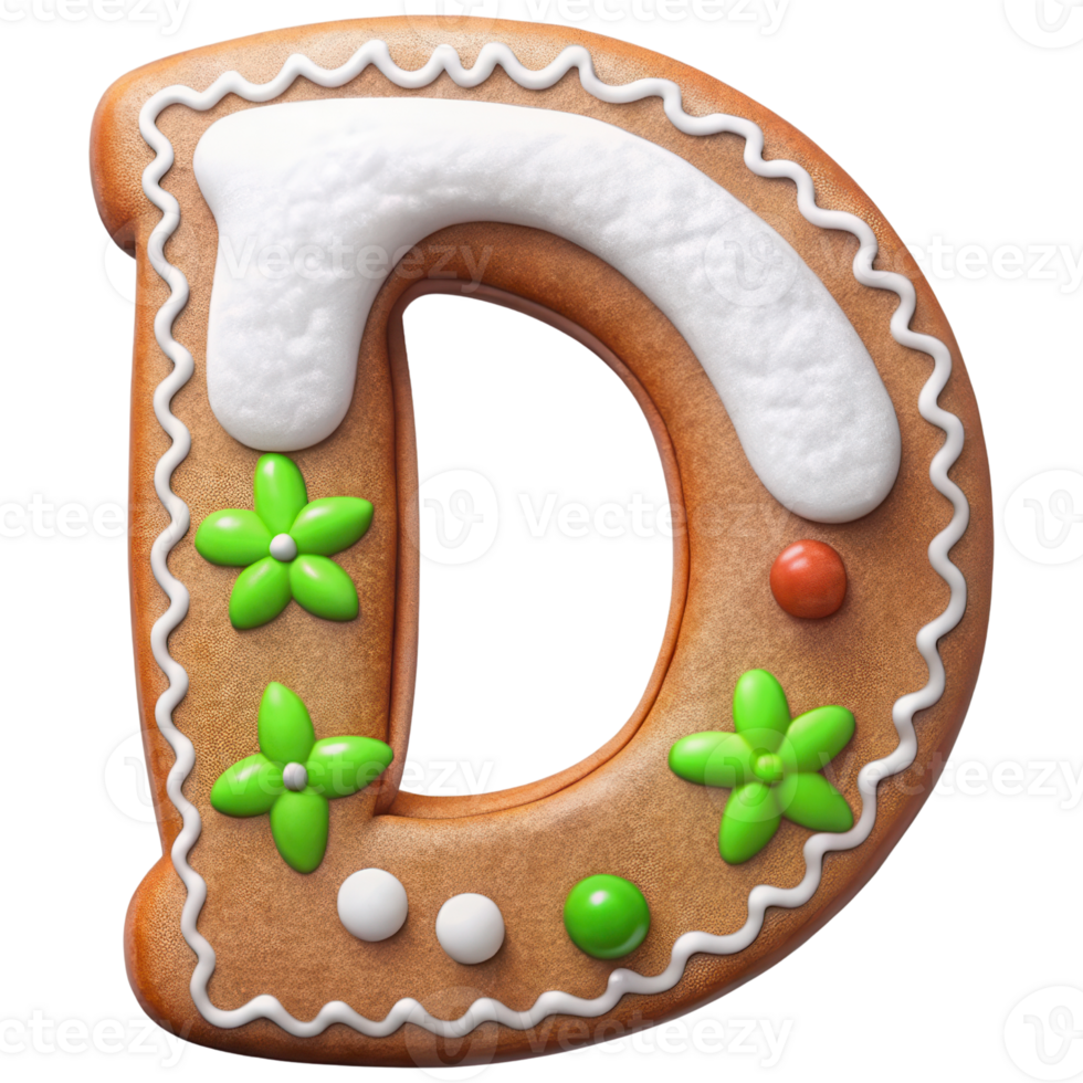Gingerbread cookie shaped like letter D decorated with white icing, green flowers, and colorful dots, perfect for festive occasions and celebrations png