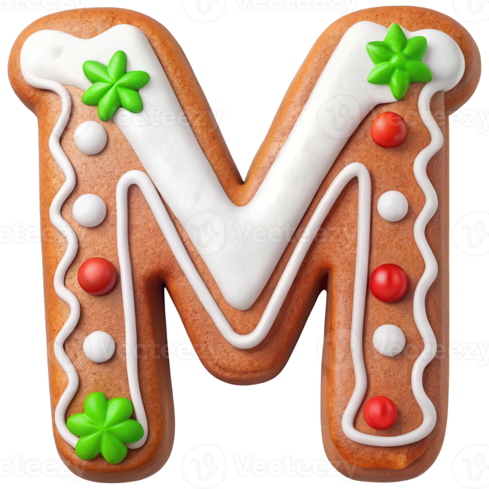 Gingerbread cookie shaped like letter M, decorated with colorful icing and festive elements, perfect for holiday celebrations and baking activities png