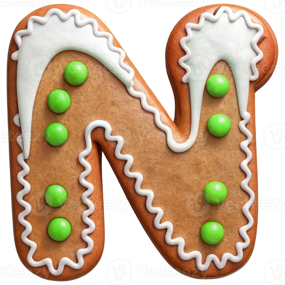 Gingerbread cookie shaped like letter N decorated with white icing and green candy dots, perfect for festive occasions and holiday celebrations png