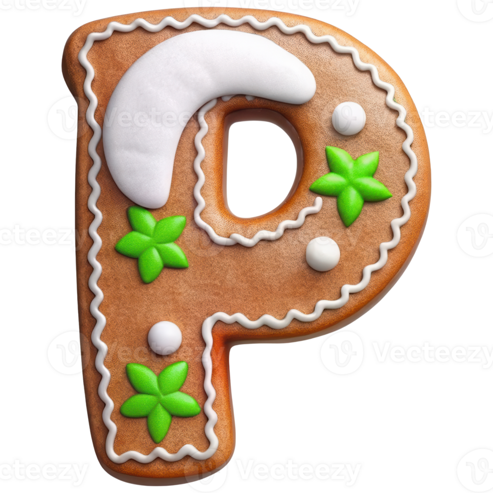 Gingerbread cookie shaped like letter P decorated with white icing and green leaves, perfect for festive occasions png