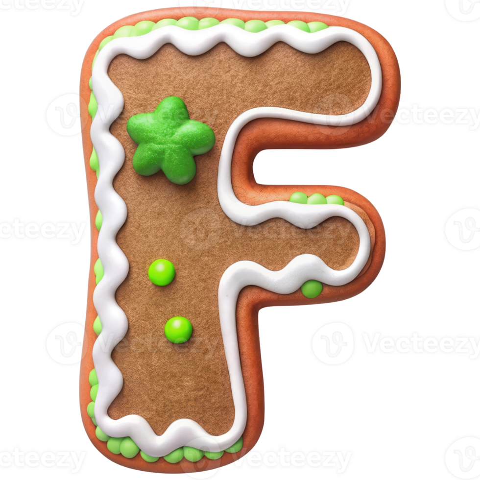 Gingerbread cookie shaped like letter F, decorated with green and white icing, perfect for festive occasions and holiday celebrations png