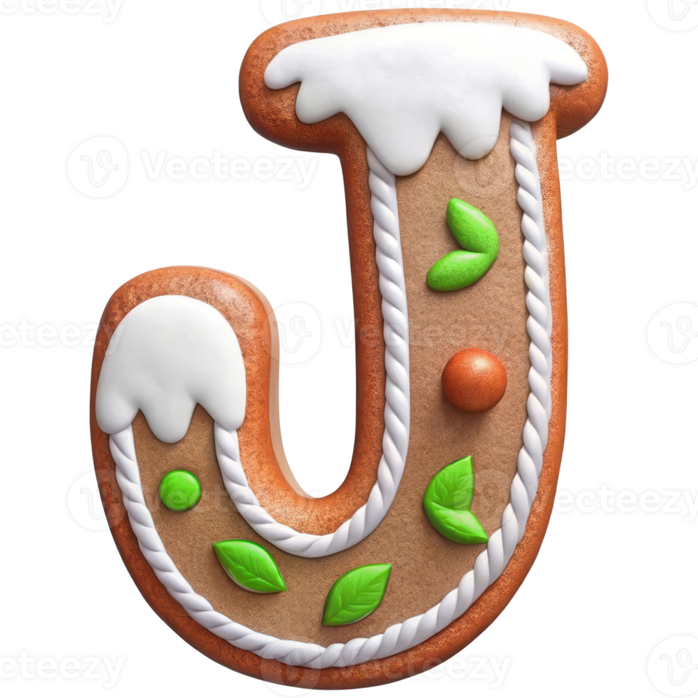 Gingerbread letter J decorated with white icing, green leaves, and colorful accents, perfect for festive occasions and holiday baking png