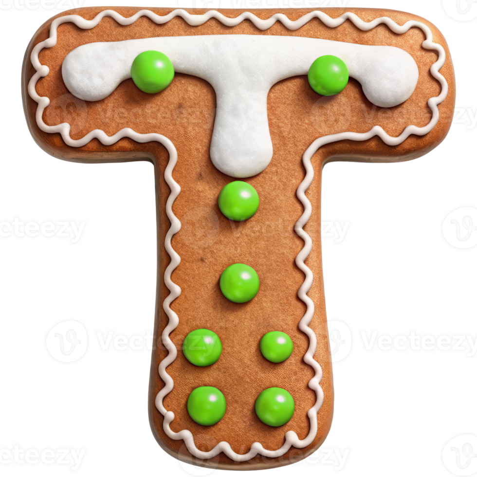 Gingerbread letter T decorated with white icing and green candies, perfect for festive occasions and holiday celebrations. This delightful treat adds fun touch to any dessert table png