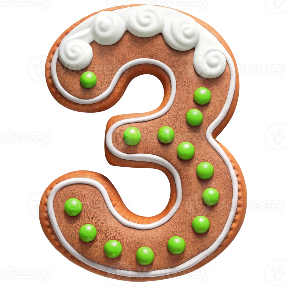Gingerbread cookie shaped like number three, decorated with white icing and green candy dots, perfect for festive celebrations png