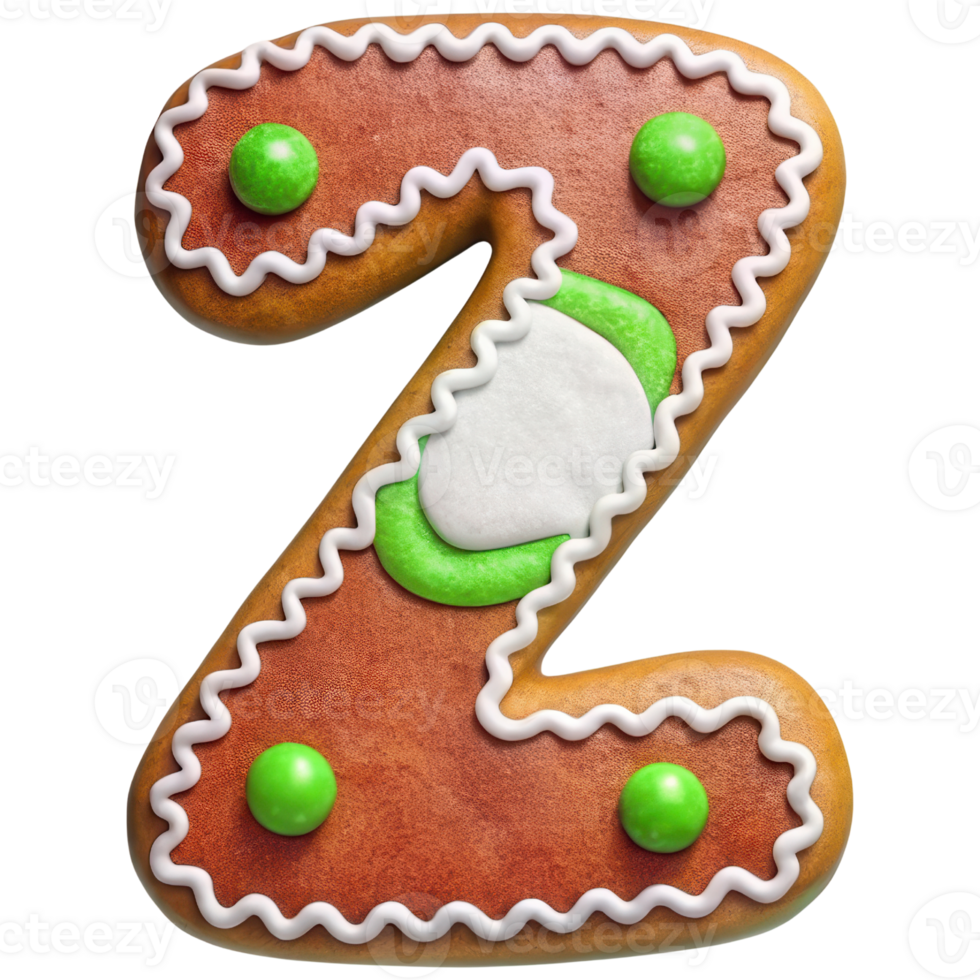 Gingerbread cookie shaped like letter Z, decorated with green and white icing, evokes festive and cheerful atmosphere. Perfect for holiday celebrations png