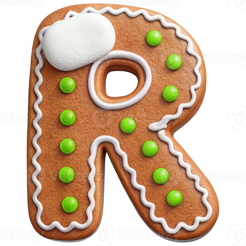 Gingerbread letter R decorated with green candies and white icing, perfect for festive occasions and holiday baking. This delightful treat adds playful touch to any celebration png