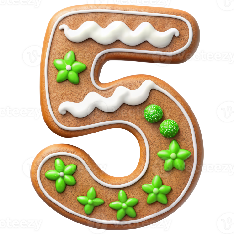 Gingerbread cookie shaped like number five, decorated with white icing and green candy flowers, perfect for festive celebrations and holiday baking png