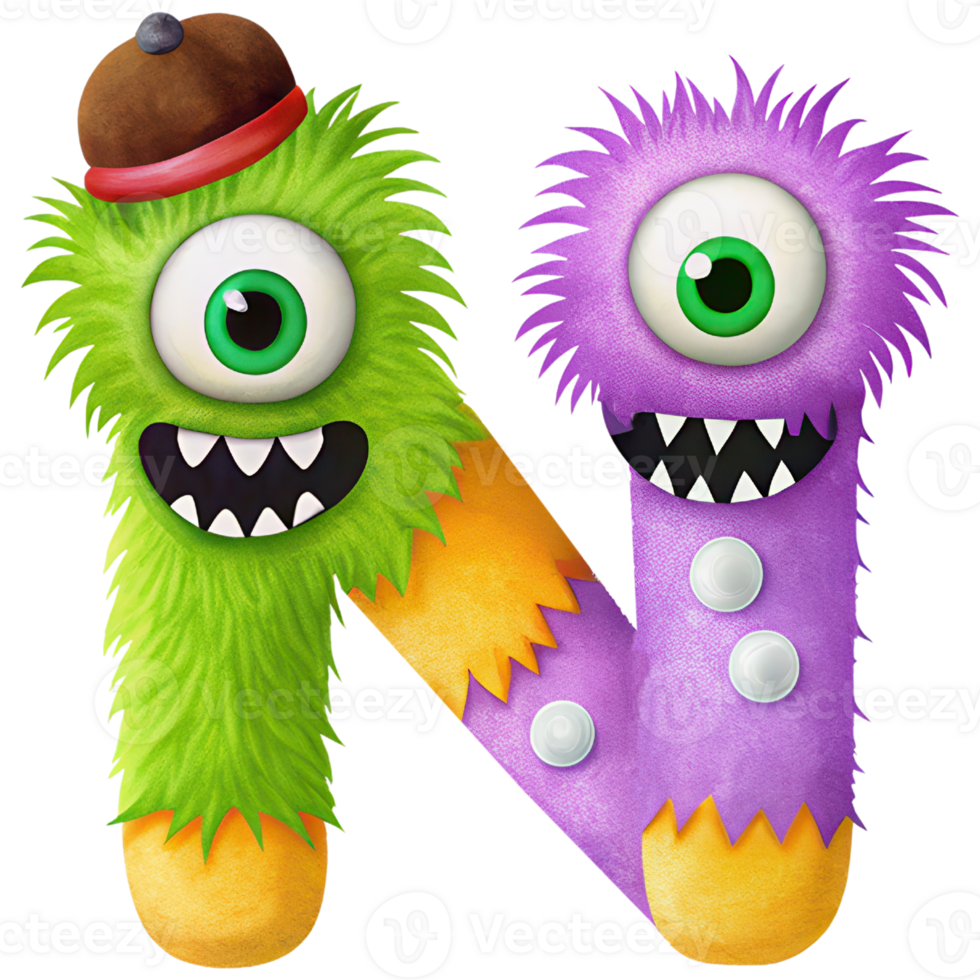 Letter N Monster Alphabet and Number with Cute Colorful Characters png