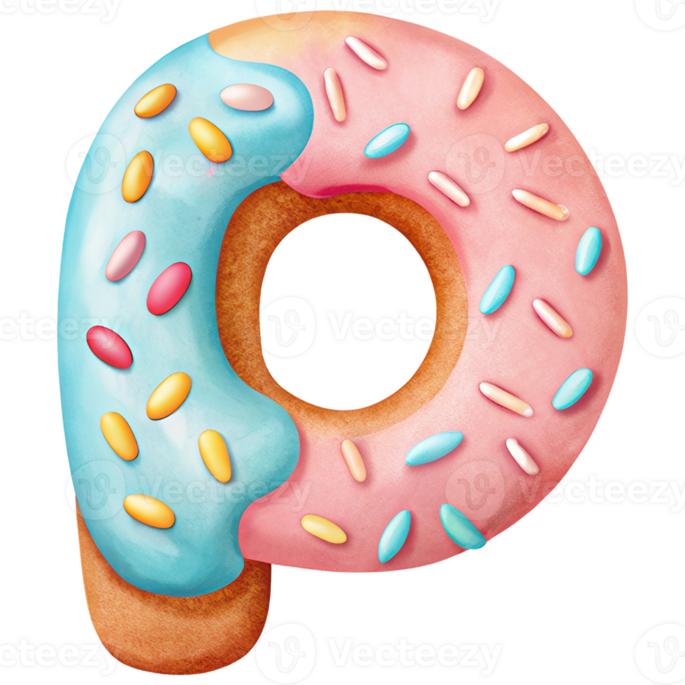 Letter P Donut Alphabet and Number with Sprinkles and Icing Design png