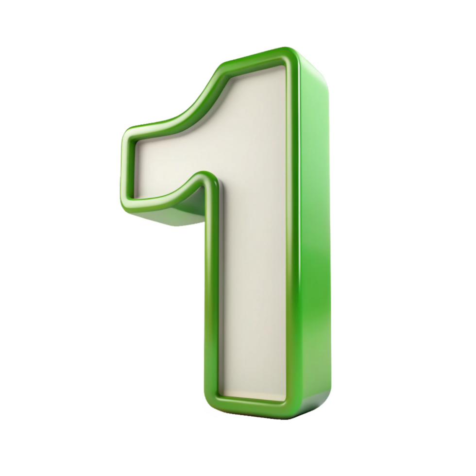 Green number 1 isolated on transparent background, 3D metallic style number png