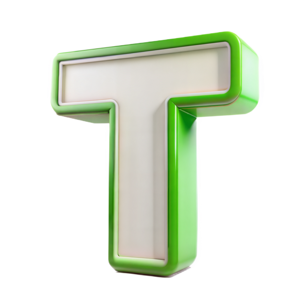 3D green alphabet letter T on a transparent background png