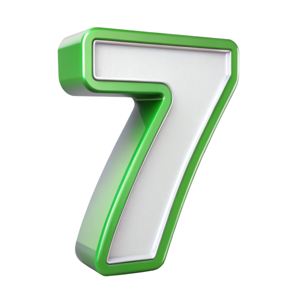 Green number Saven isolated on transparent background, 3D metallic style number png