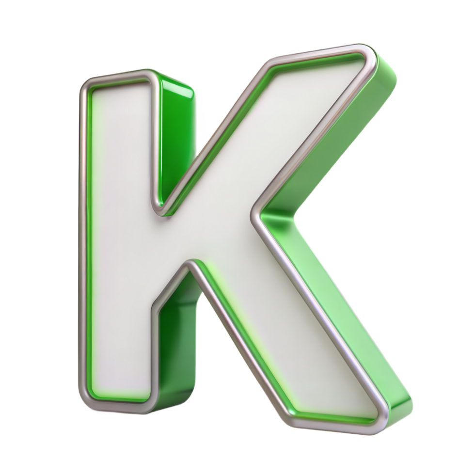 3D green alphabet letter K on a transparent background png
