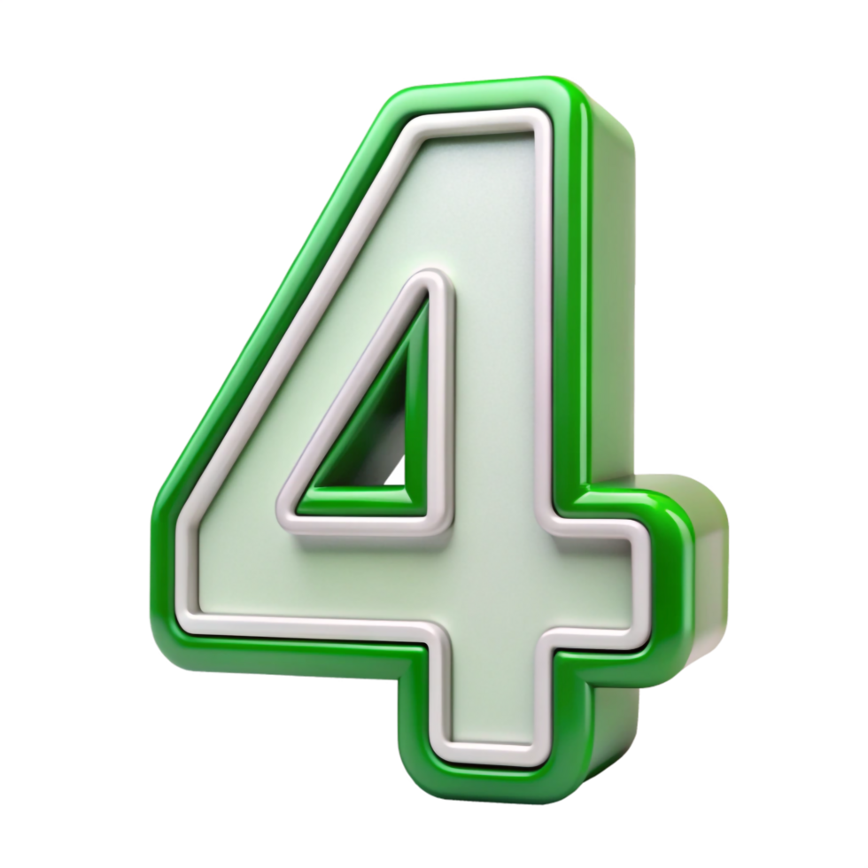 Green number Four isolated on transparent background, 3D metallic style number for digital design png