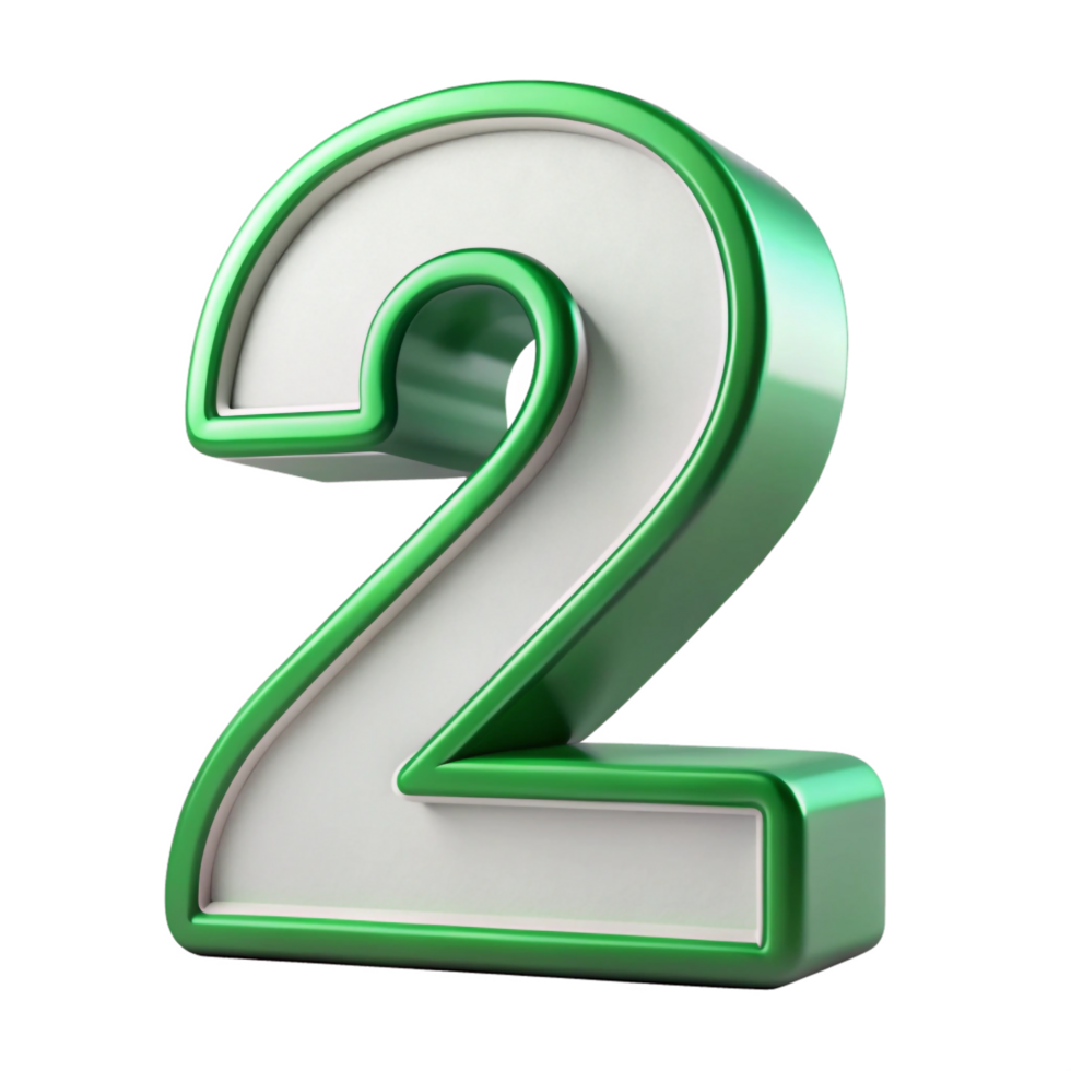 Green number 2 isolated on transparent background, 3D metallic style number png