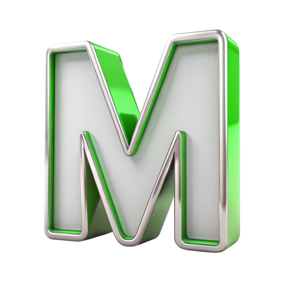 3D green alphabet letter M on a transparent background png