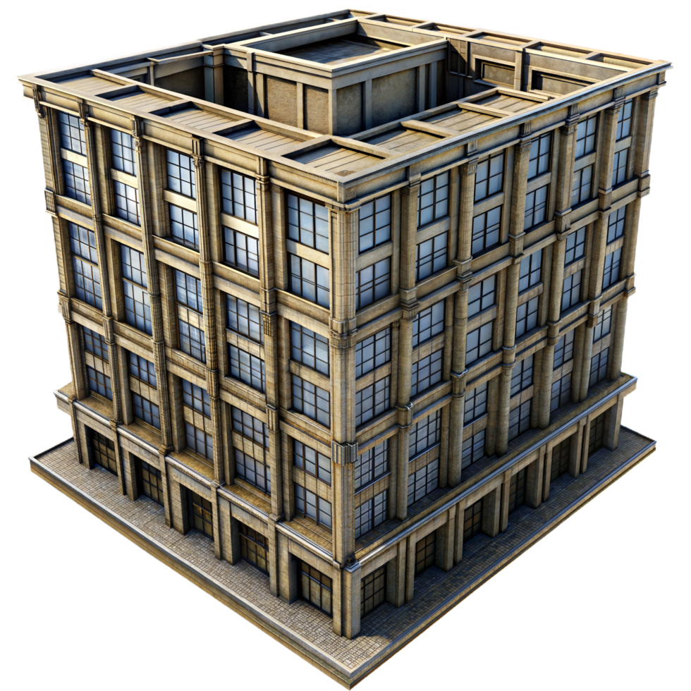3D isometric illustration of a high-rise office building with intricate detailing, suitable for urban architectural designs. png