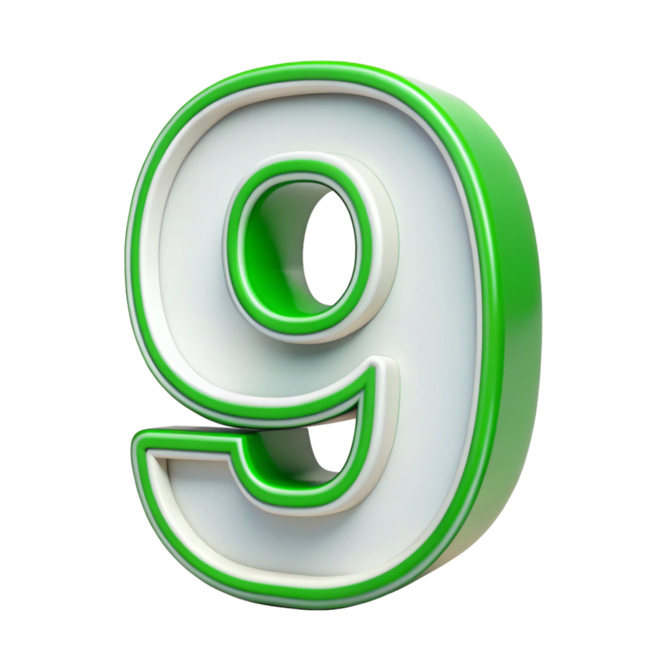 Green number Nine isolated on transparent background, 3D metallic style number png
