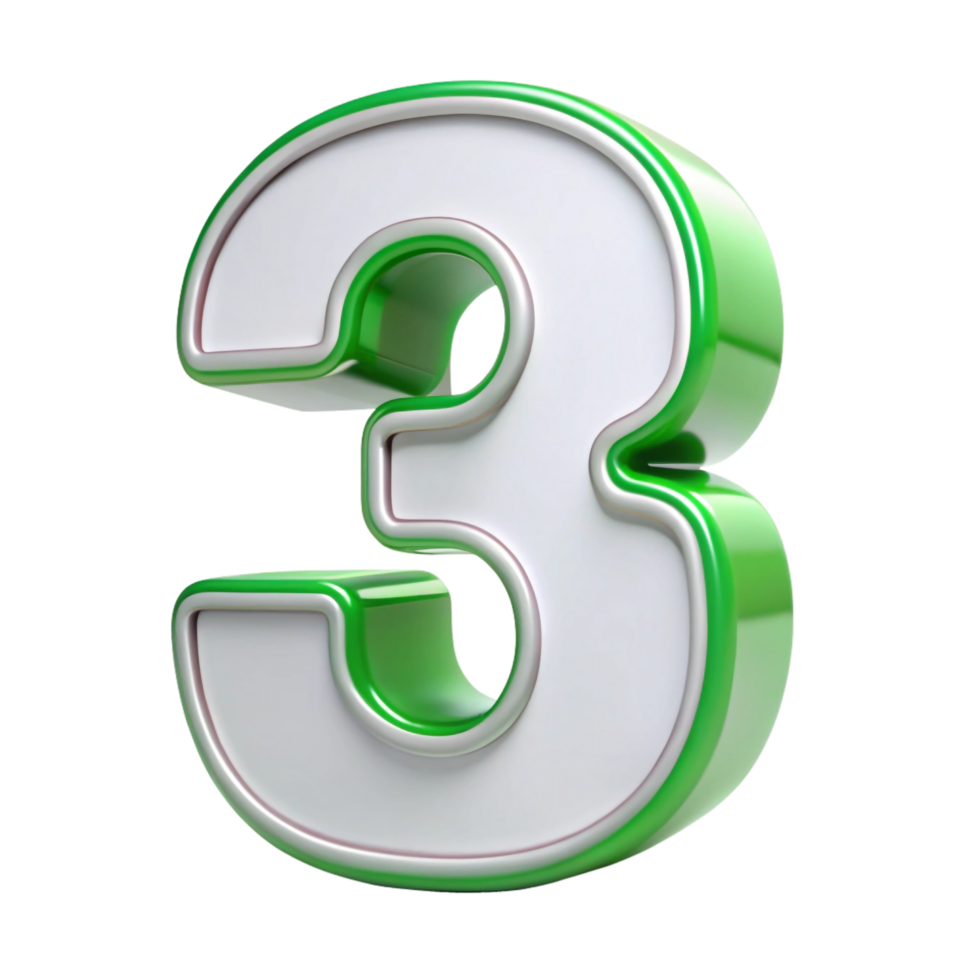 Green number three isolated on transparent background, 3D metallic style number for digital design png