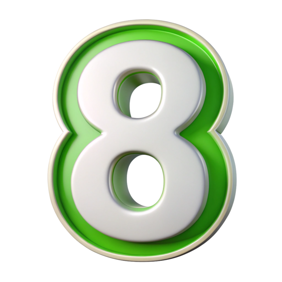 Green number Eight isolated on transparent background, 3D metallic style number png