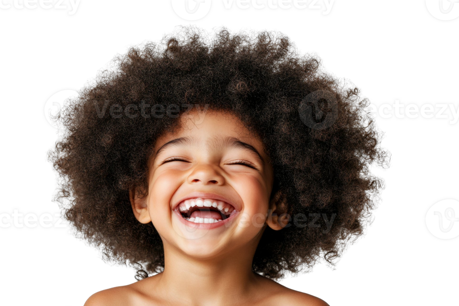 A young boy with an afro hairstyle smiles broadly, his eyes closed in joy. png