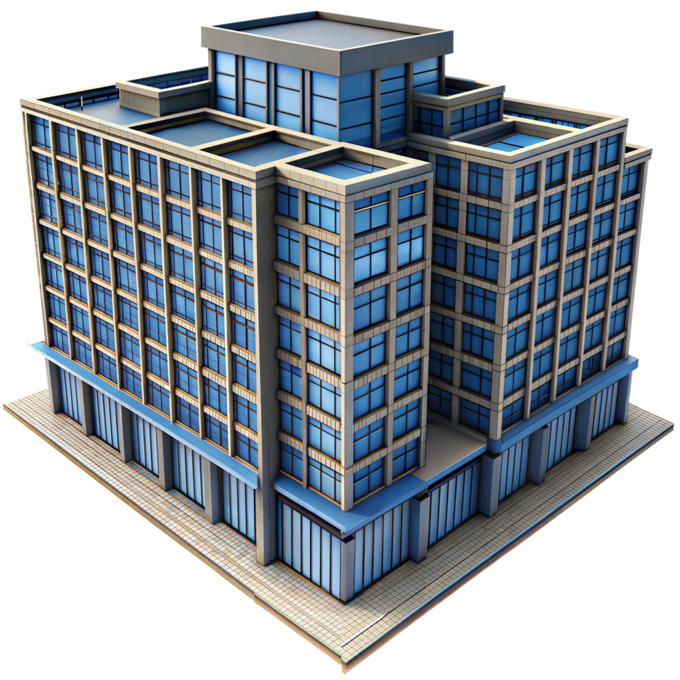 3D isometric illustration of a large modern office complex, featuring numerous windows and a contemporary architectural design png