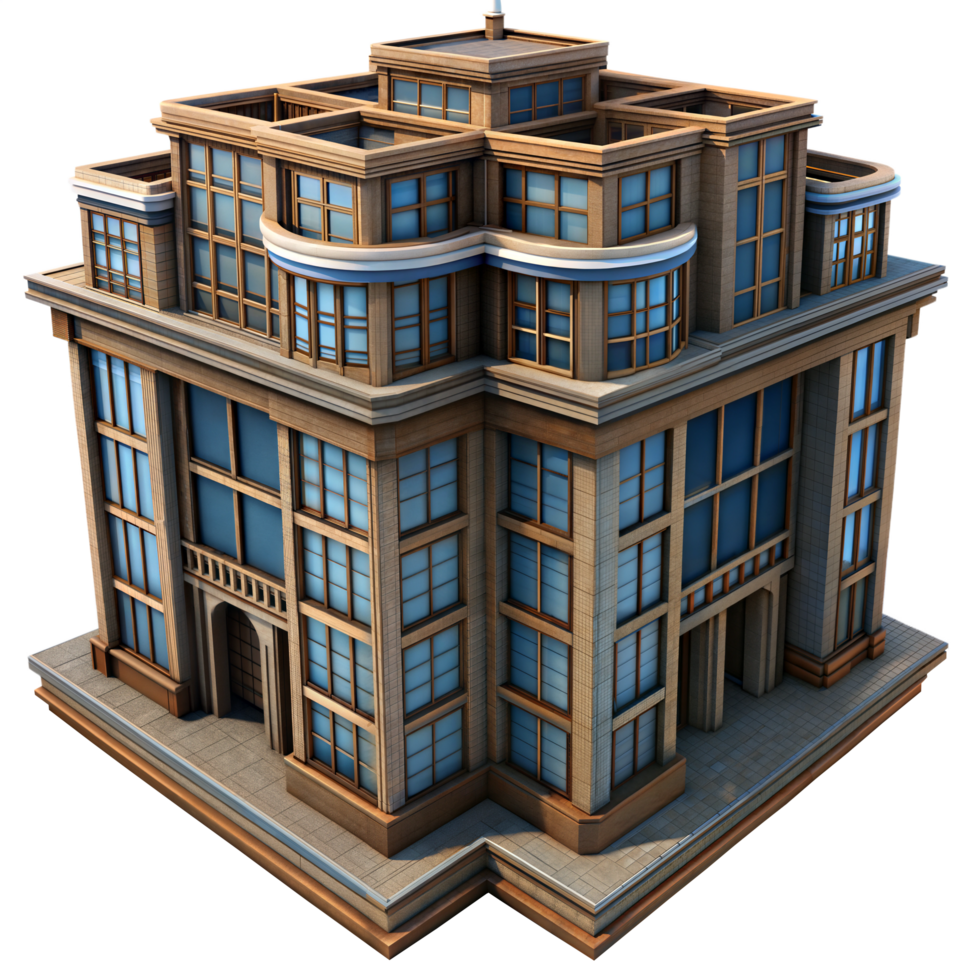 3D illustration of a modern office building in isometric view, featuring multiple floors and large windows. png