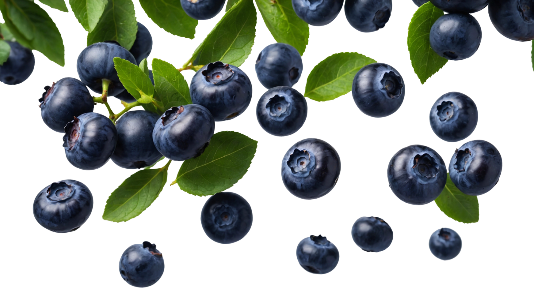 Flying swirl wave of Blueberries with green leaves in the air isolated on transparent background, popular season berries fruit png