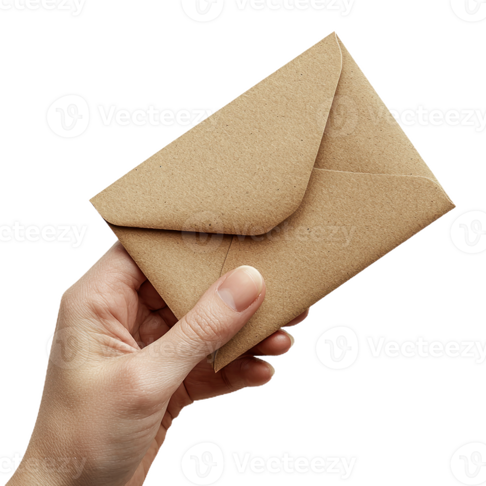 Elegant Hand Holding a Brown Envelope with Card Isolate transparency Background png