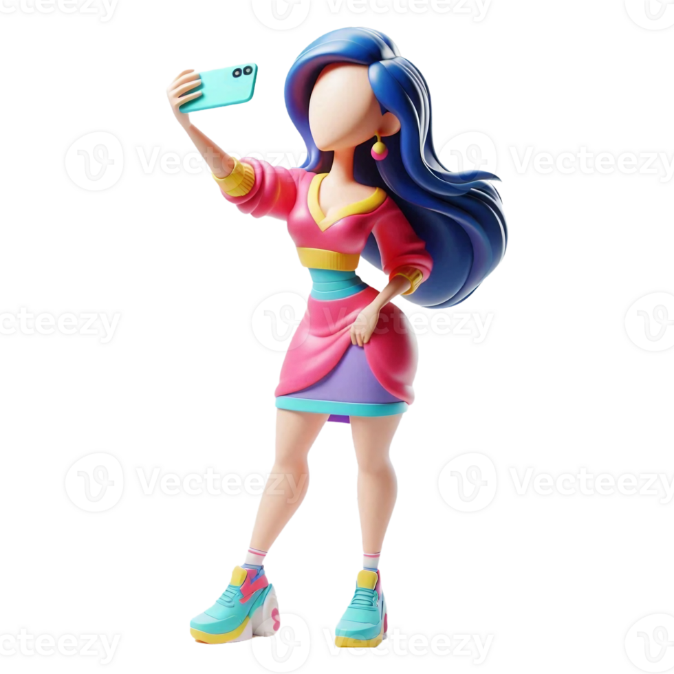 3D full-length figure of faceless young girl with blue hair in bright dress posing for selfie png