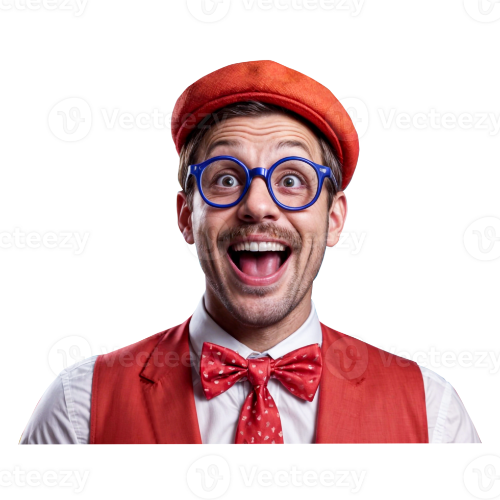 Surprised cheerful middle-aged man with wide open eyes and smile, in glasses with blue frames, in white shirt over red vest, on his head red cap png