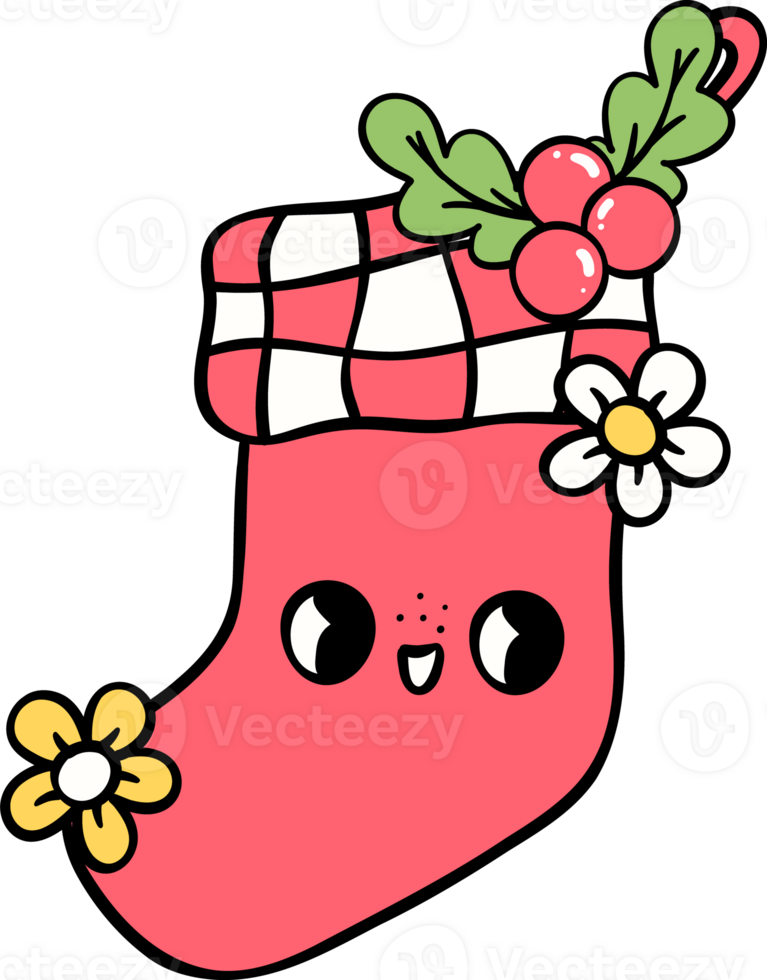 Groovy Retro Christmas stocking red sock cartoon doodle hand drawn png