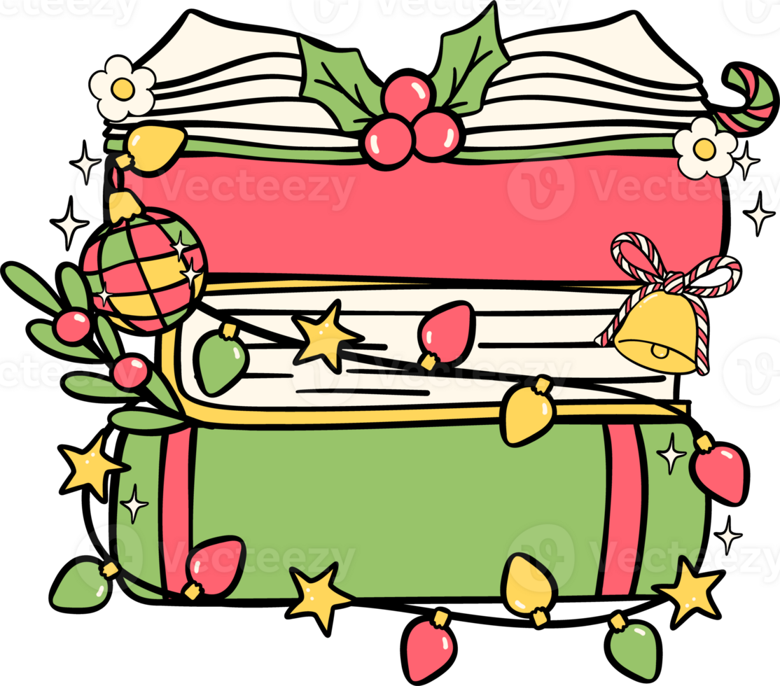 stacked Festive Groovy Christmas books hand drawn illustration png