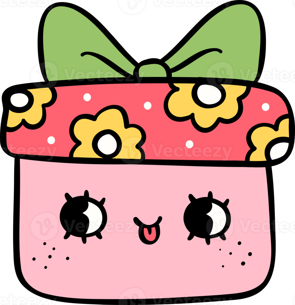 Groovy Retro Christmas present box cartoon doodle hand drawn png