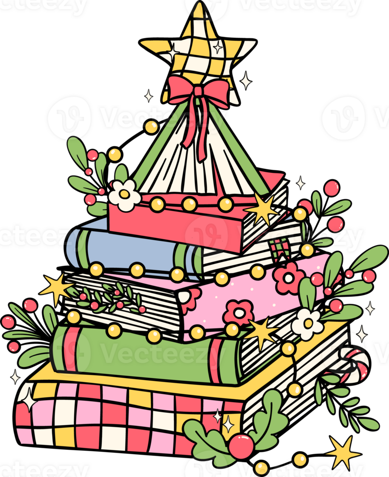 Festive Groovy Christmas books tree hand drawn illustration png