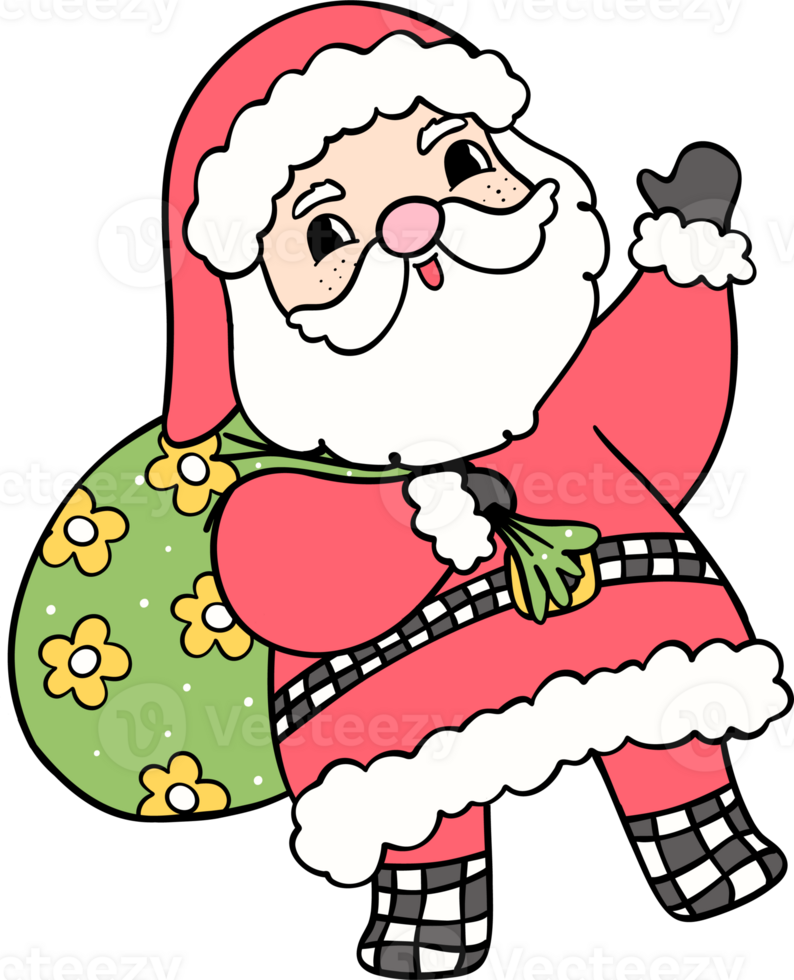 Groovy Retro Christmas Santa with sack cartoon doodle hand drawn png