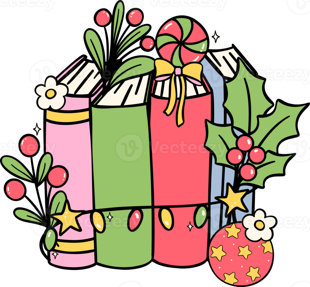 Festive Groovy Christmas books hand drawn illustration png