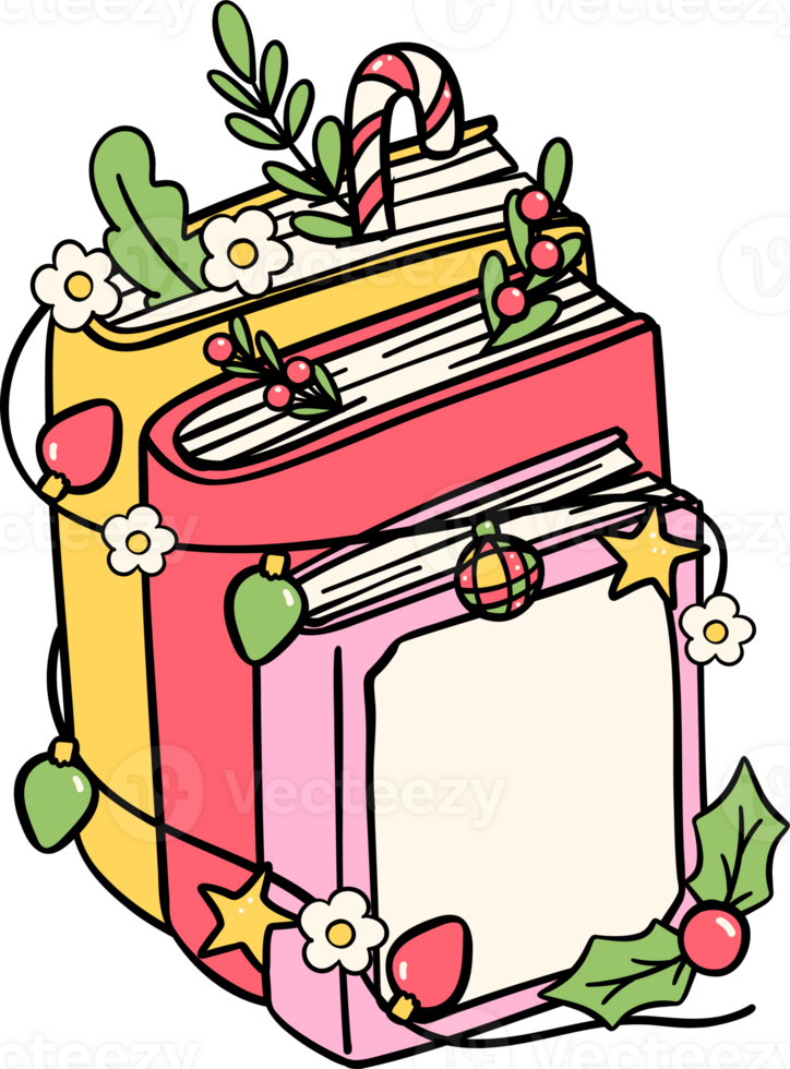 Festive Stack of Books with Holiday Decorations png