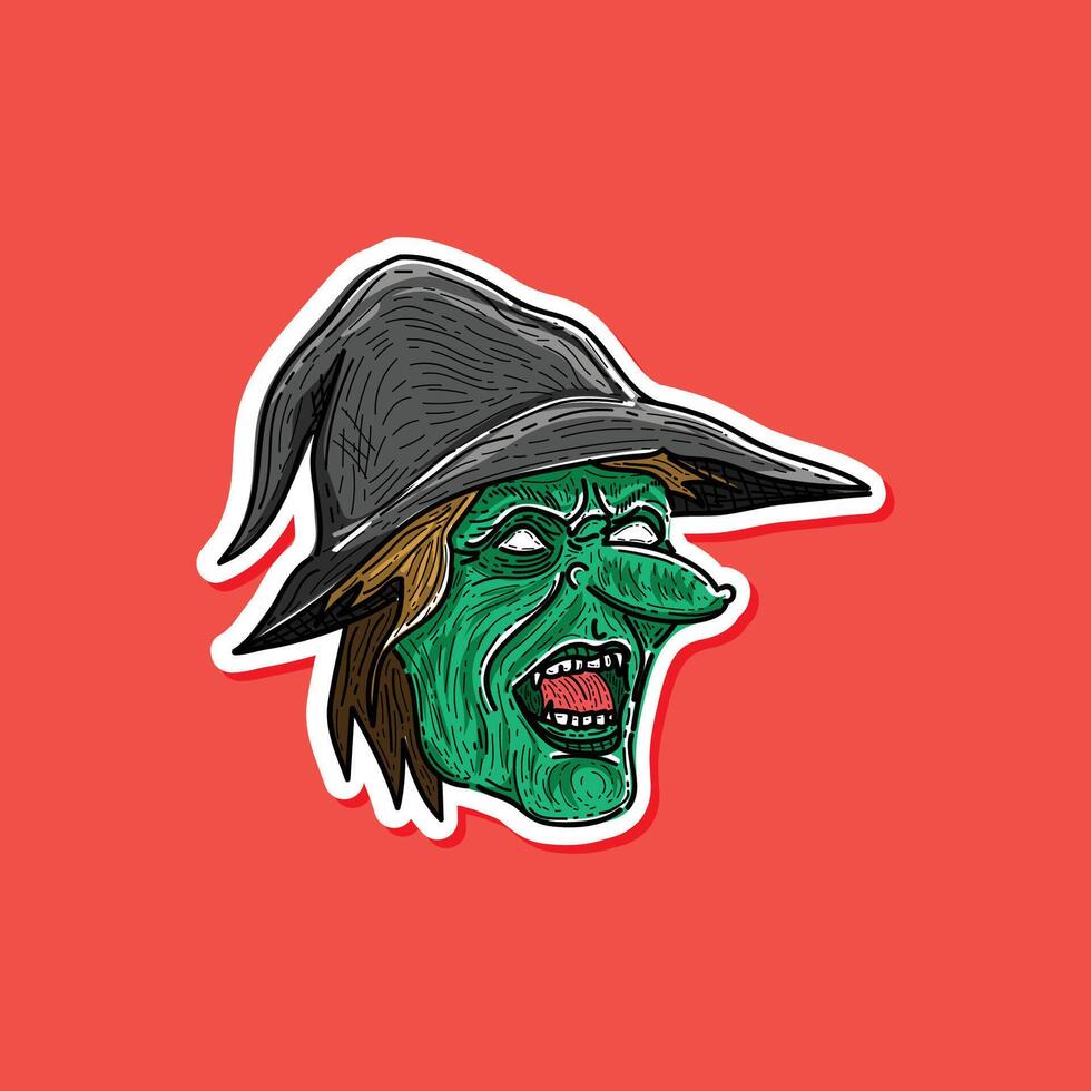 Scary Cartoon Halloween Witch Character illustration design sticker style isolated in a red background vector