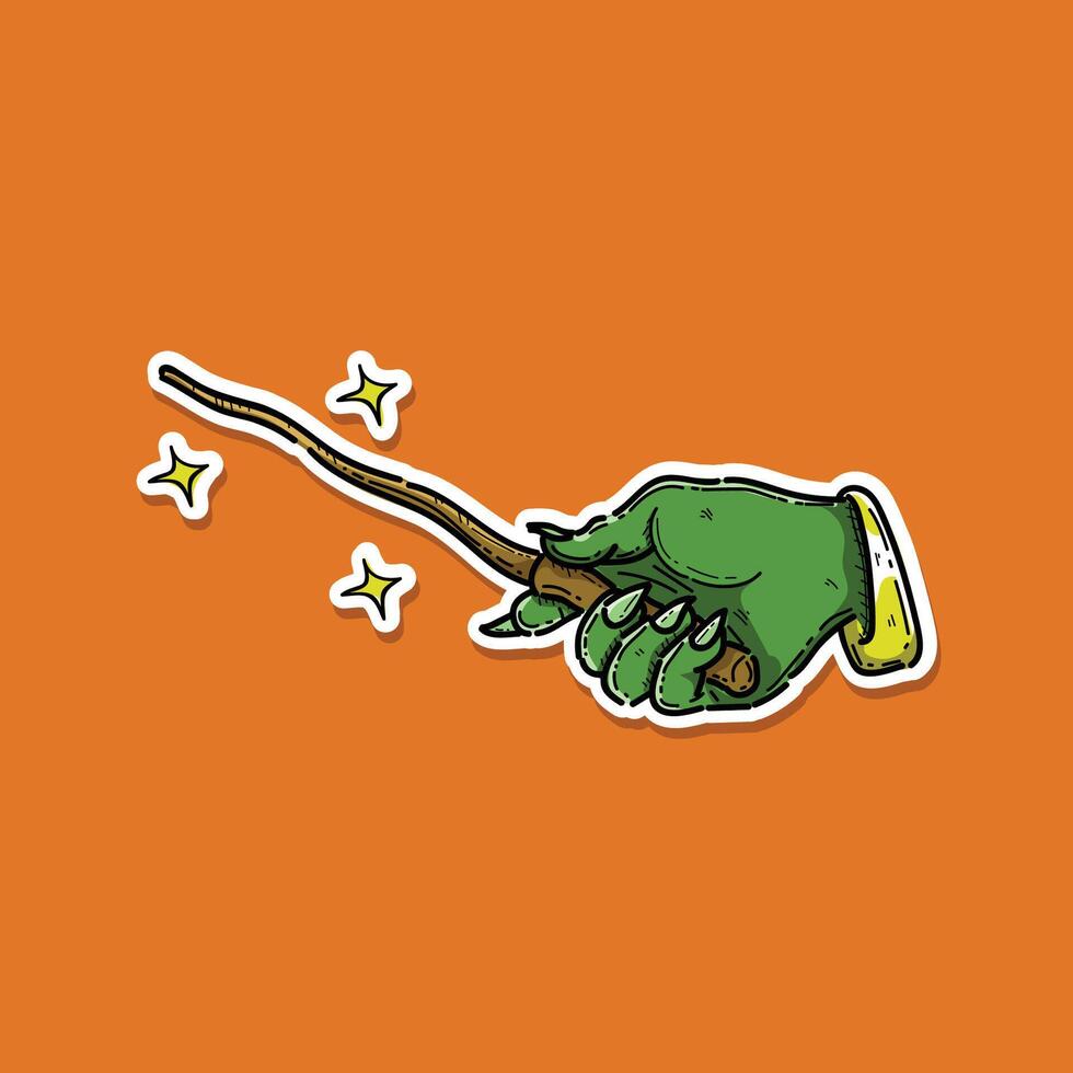 hand green witch hold a magic wand with sparkling star illustration design sticker style isolated in orange background vector