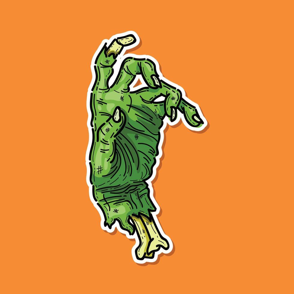 Green zombie hand illustration design sticker style isolated in an orange background. Halloween night vector