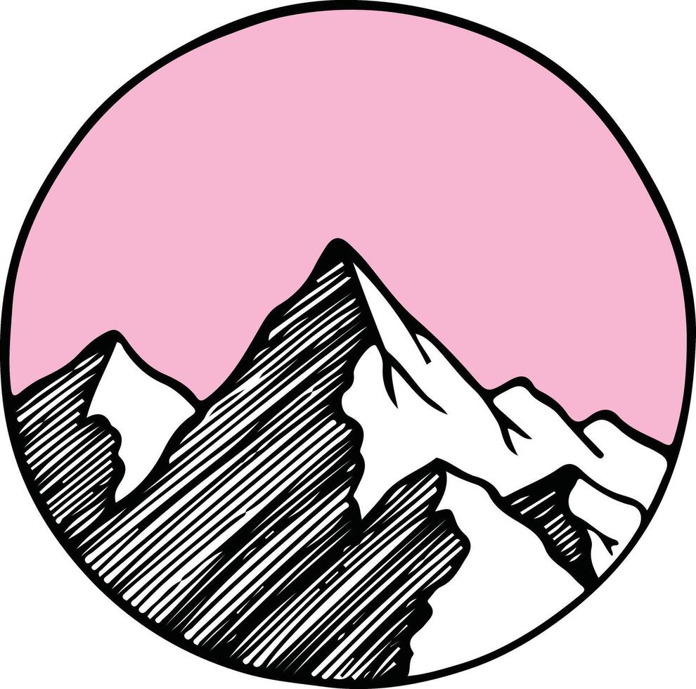black and white drawing Circle Style. label with Mountain, Sun, Sky and Sand with Summer theme. designing for logo, illustration vector