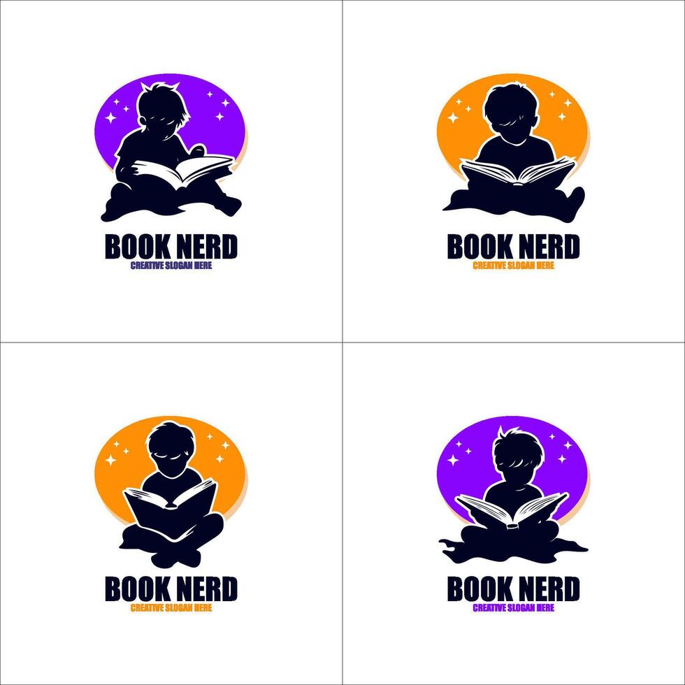 set kid reading book logo template design vector